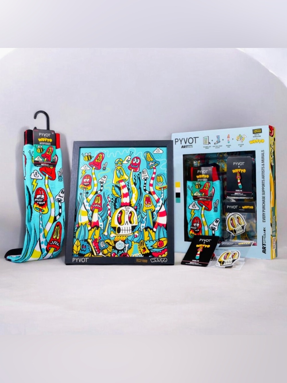PYVOT x Wotto Get A Shroom Limited Edition Art Pack Socks Pin Print NIB